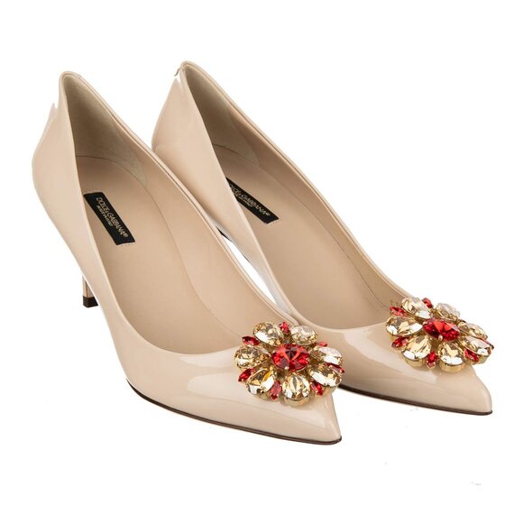 Dolce & Gabbana - Patent Leather Pumps BELLUCCI with Crystal Brooch Beige Red Go - Picture 1 of 5
